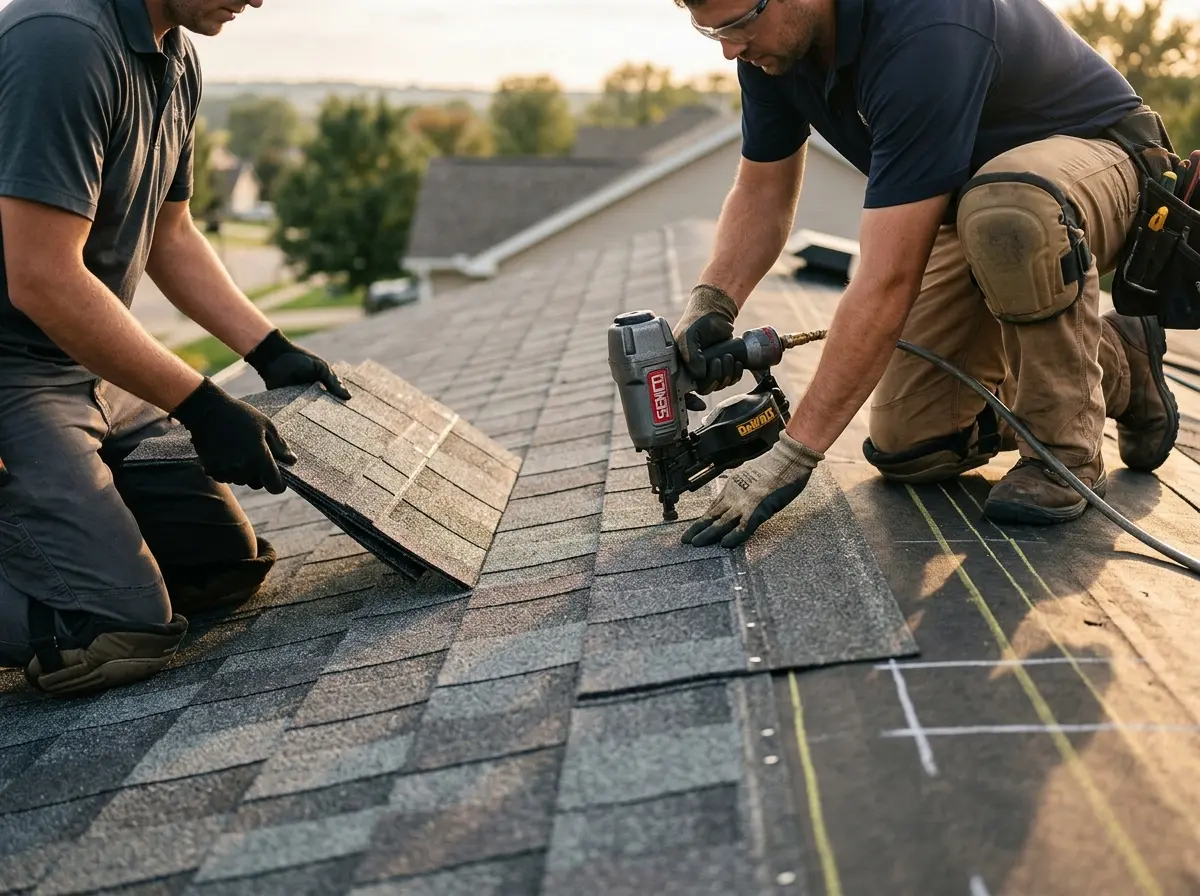 Professional roofer working on a residential roof in Williston